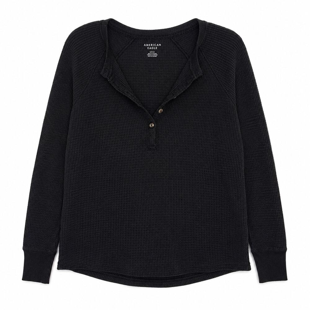 American Eagle Henley in waffle knit black long sleeve. Women S